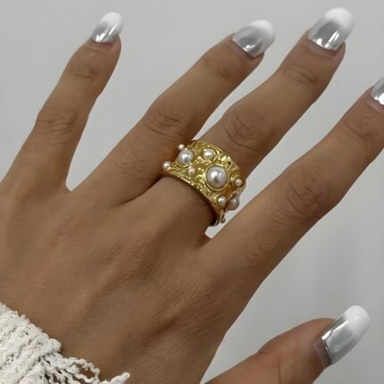 Gold Plated Wide Band Pearl Ring