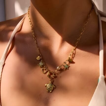 Gold Plated Turtle and Sea Charm Necklace