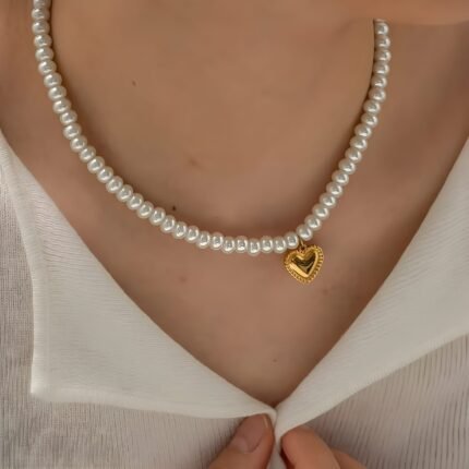 Pearl Beaded Necklace with Gold Heart Pendant