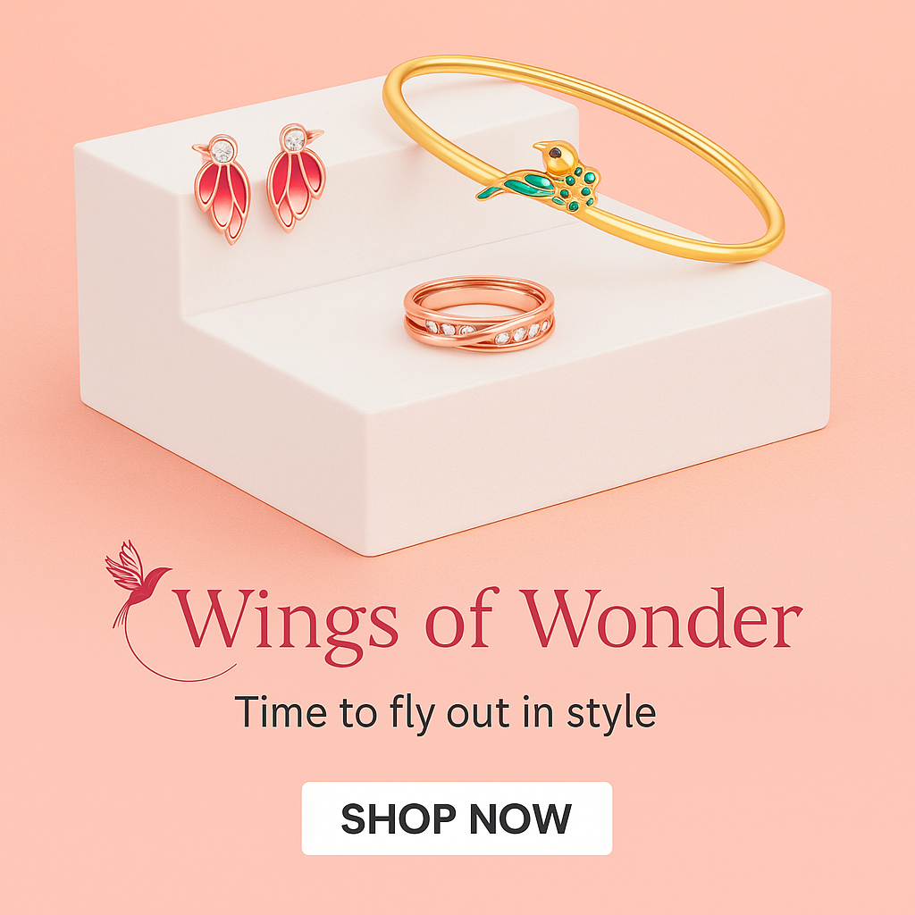 "Wings of Wonder jewelry collection from Wearblush | Elegant earrings, bracelet, and ring set"