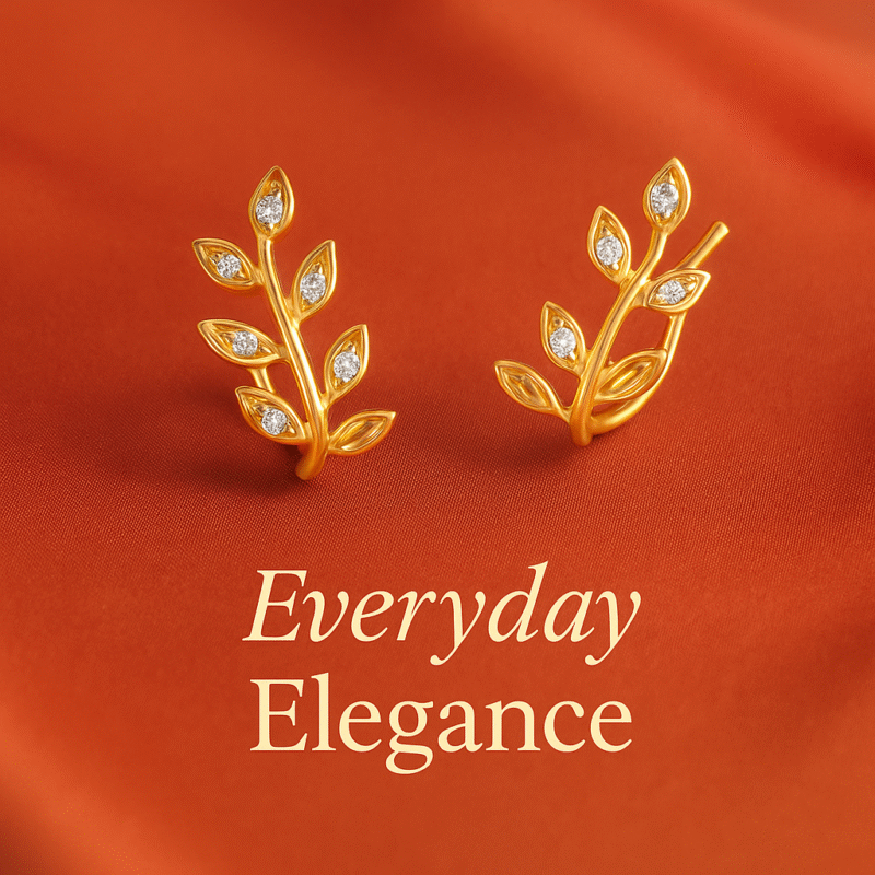 "Everyday elegance diamond earrings by Wearblush | Gold and diamond leaf design"